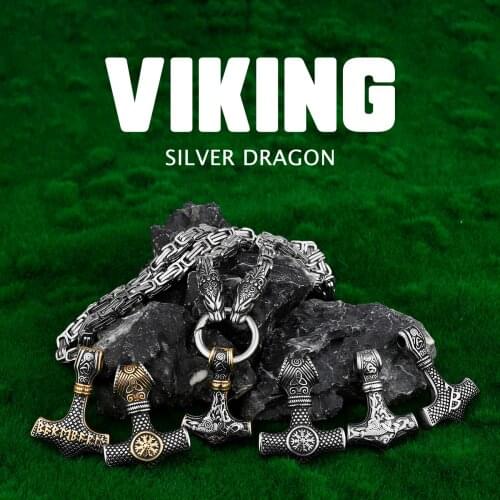 2021 New Fashion [316L Stainless Steel] Nordic Domineering Viking Dragon Thors Hammer Mens Pendant Necklace Jewelry Gift