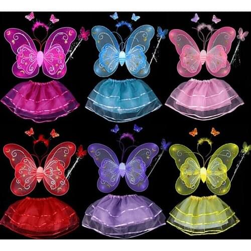 Butterfly Wing Wand Headband Tutu Skirt Cosplay Costume For Fairy Girl Kid