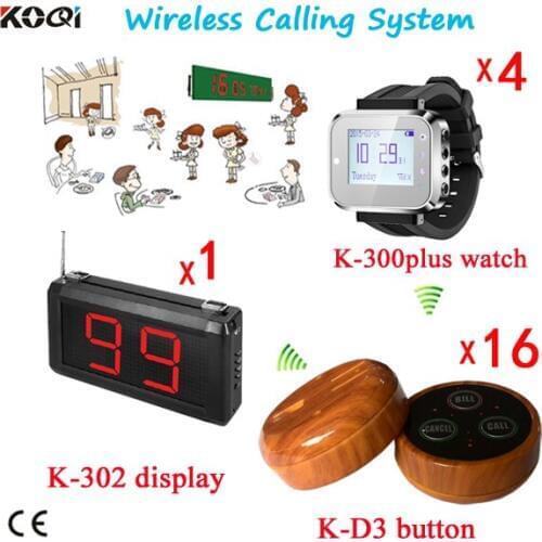 Wireless Calling System For Restaurant Paging Push To Call Button 1 Wall Receiver w 16 Bell Buttons And 4pcs Wrist Watch Pager