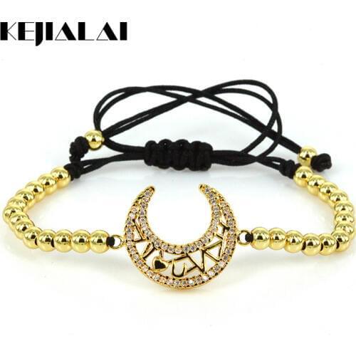 Moon Star Charm Bracelets for Women Girls Micro Pave White CZ Moon Connector Braiding Rope Macrame Bracelet Best Friendship Gift