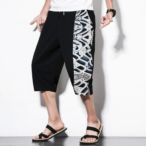 #8055 Summer Black Blue Cotton Linen Pants Men Spliced Color Vintage Streetwear Calf-length Harem Pants Loose Thin Trousers Mens