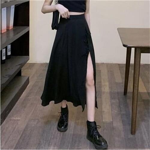 Side slit black skirt with high waist and slim strap chiffon skirt for women