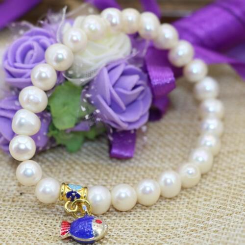White 7-8mm natural pearl nearround beads elastic strand bracelet bangle gold-color fish cloisonne pendant jewels 7.5inch B3122