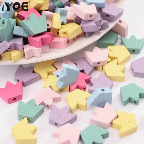 IYOE 30pcs/Lot 13X15mm Cute Crown Beads Candy Color Spacer Wood Beads For Jewelry Making Bracelet Necklace DIY Craft