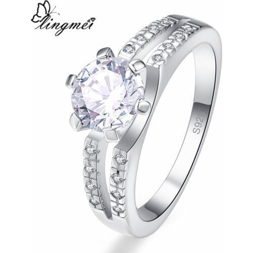 Lingmei Vintage Fashion Gorgeous Jewelry Round Cut Black White Zircon Silver ColorWedding Rings Size 6-9 Trendy Women