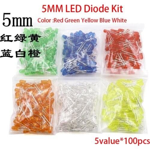 500Pcs/lot 5MM LED Diode Kit Mixed Color Red Green Yellow Blue White 5value*100pcs