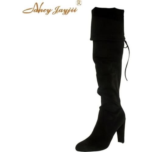 Flock Woman Shoes Adult ladies Boots Over-the-knee Super High Square heels Round Toe Winter Mature Leisure Fashion Casual 2019