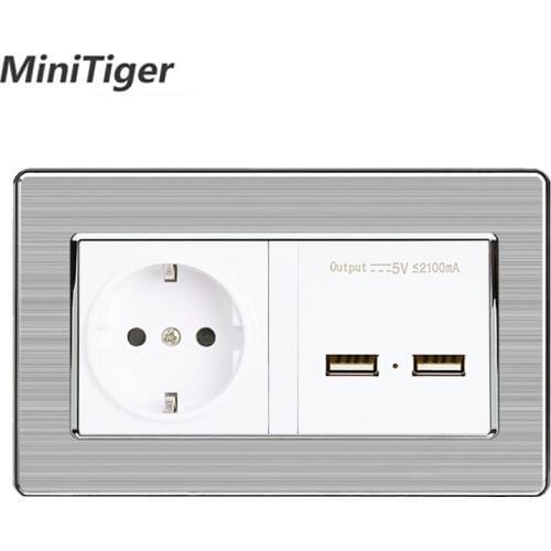 Minitiger EU Standard Wall Power Socket With Dual USB Smart Induction Charge Port For Mobile 5V 2.1A Stainless Steel Panel