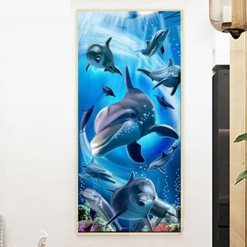 Huge Diamond Painting Marine Dolphins 5D DIY Full Drill Round Diamond Embroidery Rhinestone Mosaic Underwater World Decor N866
