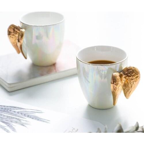 Gold Plated Handle Angel Wings Coffee Mug Creative White Ceramic Office Home Tea Milk Water Cup Couple Gift Home Decor