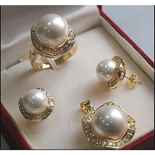 Prett Lovely Womens Wedding shipping>white shell pearl crystal gp pendant necklace earring rings jewelry sets new-jewelry