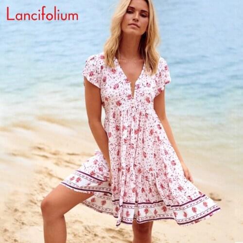 Pink Floral Tiered Boho Mini Dress Women Summer Ruffle Vintage Beach Party Sun Dress Ladies 2020 Sexy Holiday Bohemian Sundress