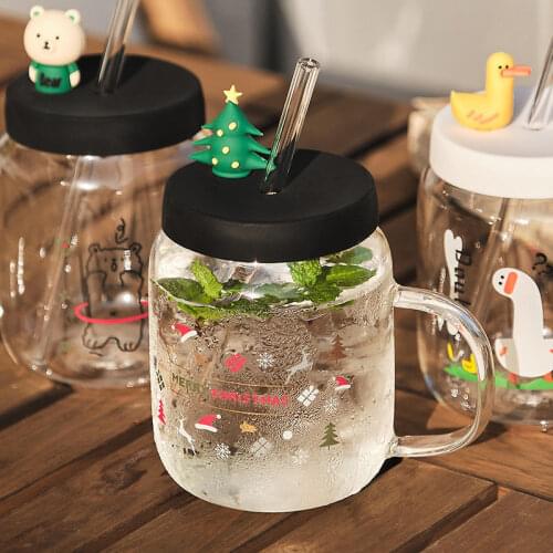 Glass Female Student Simple Korean Version of The Bear Cup with Lid and Straw Summer Water Cup Female Cup