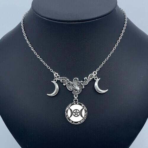 Stylish crystal glass concave pendant, triple moon necklace, river constellation, pagan witch jewelry, crescent moon