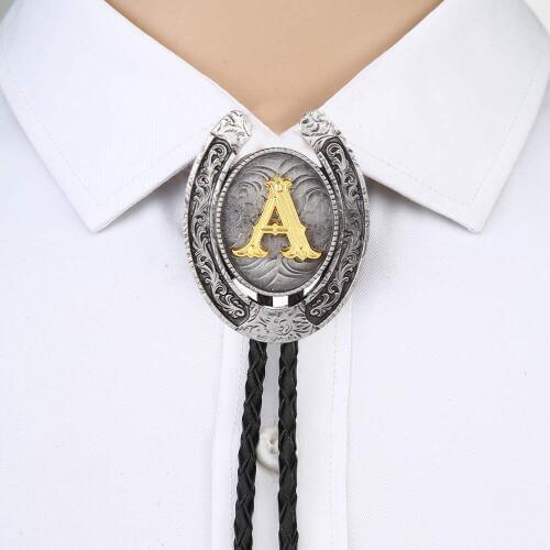 Vintage Gold Letter ABCDEFG-Z U shape bolo tie for man Indian cowboy western cowgirl leather rope zinc alloy necktie