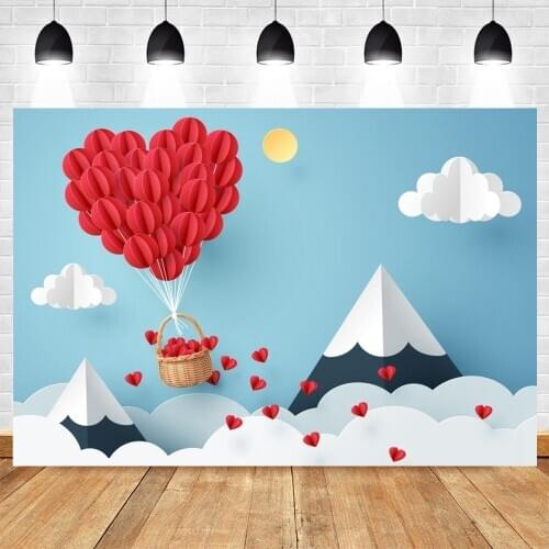 Valentines Day Backdrop Wedding Photocall Vinyl Red Love Heart Cartoon Hot Air Balloon Photography Background For Photo Studio