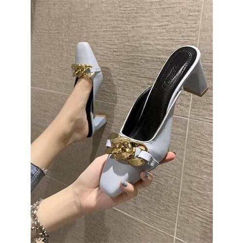 Womens shoes 2021 new Korean version of the chain square toe high-heeled half slippers fashion outer wear Baotou Muller shoes