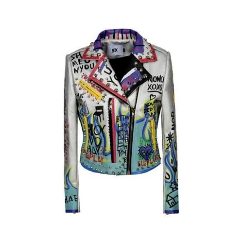 Women Autumn Spring Loose Graffiti Harajuku Faux Leather Jacket Female Fall Streetwear Motorcycle Biker Punk PU Short Coat