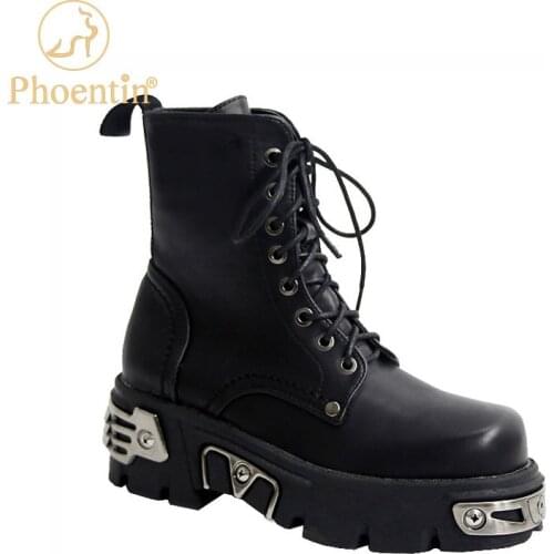 Phoentin Punk Style Motorcycle Boot Womens Platform Ankle Boots 2021 Fashion Chunky heels Metal Decoration Shoes Black FT1399