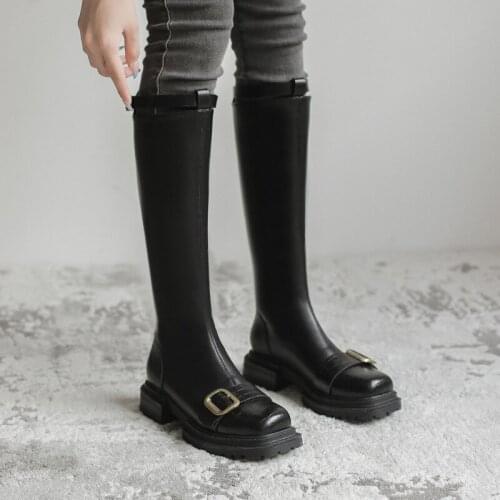 Women Knee-High Martin Boots Zipper Metal Lock Flat Boots PU Soft Round Toe Square Heel Shoes High Quality Breathable High Boots