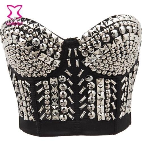 Punk Rock Silver Resin Gems Studded Bra Push Up Bustier Crop Top Sexy Underwear Women Bras Bralette Belly Dancing Clubwear