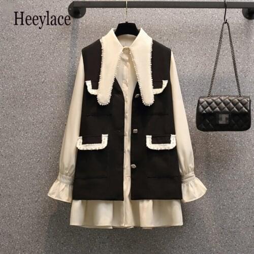 Plus Size Women Autumn French Vintage Elegant Two Pieces Set Korean Long Sleeve Ruffles Patchwork Long Shirts And Vest Suits 4XL