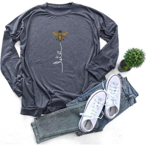 Autumn Long Sleeve Women Pocket Pullover Bee Letter Print Female Casual Graphic Clothes Ladies Regular Daily Loose Hoodless Tops