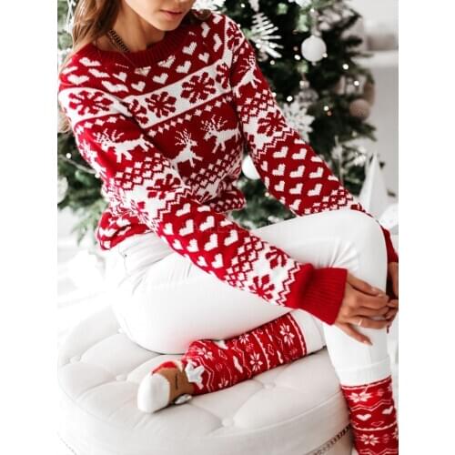 Women Winter Sweater Christmas Santa Claus Printing Long Sleeve O-neck Knitting Pullover Sweaters Top Female Jumper Clothes