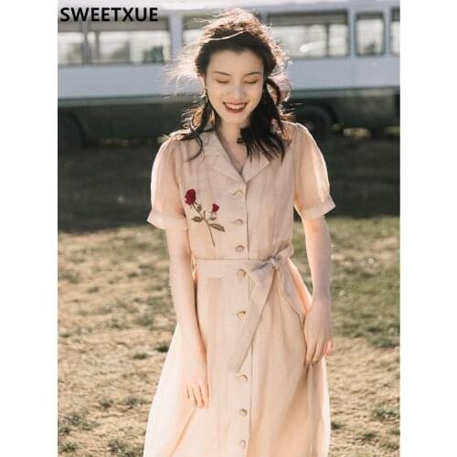 SWEETXUE 2021 Womens Summer Vintage Elegant Temperament Rose Embroidery Single-breasted Chic Fairy Cute Casual Dress Lady