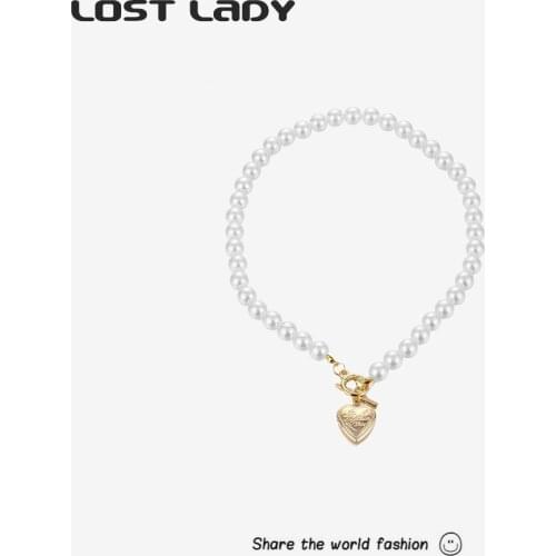 Lost Lady Simulated Pearl Chain Necklace Fashion Statement Necklace for Women Wedding Engagement Fashion Charm Jewelry