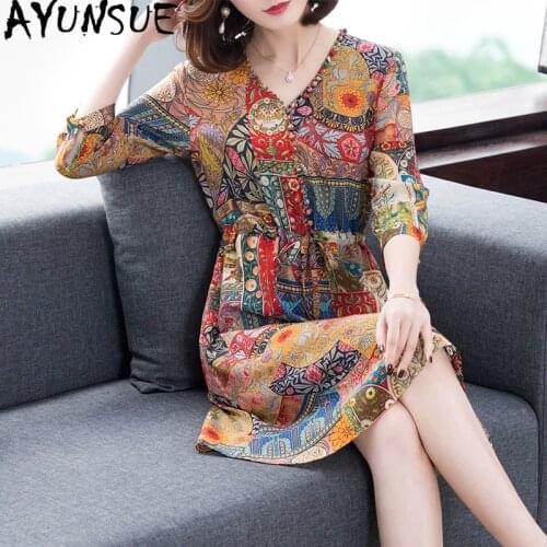 AYUNSUE Summer Dress 2020 Women Elegant Floral Midi Dress Beach Bohemian Dress Party Vintage Vestidos De Verano 6808 KJ4090