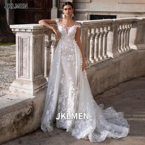 Illusion Scoop Neck Short Sleeves Wedding Dress 2021 Open Back Mermaid Bridal Dress with Detachable Train Vestidos De Novia