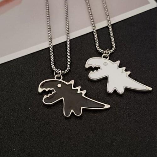 2x Cartoon Paired Dinosaur Couple Necklace Ins Creative Pendant Gift for Teen Girls Black White Origional Sweater Chain