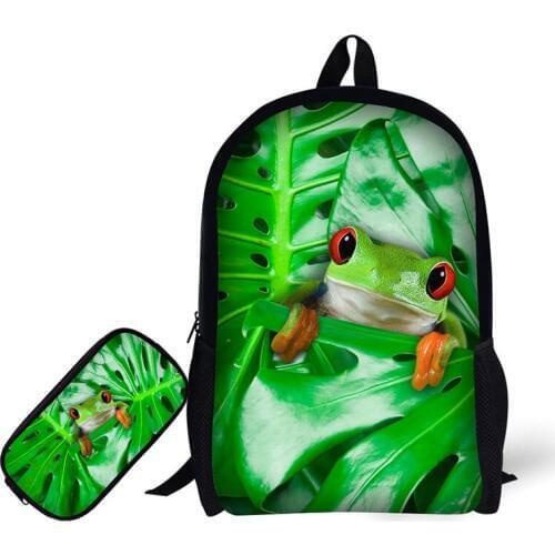 Children School Backpack with Pencil Case Frog Printed School Bags for Boys Girls Fashion Schoolbag+Pencil Bag Book Bag Green