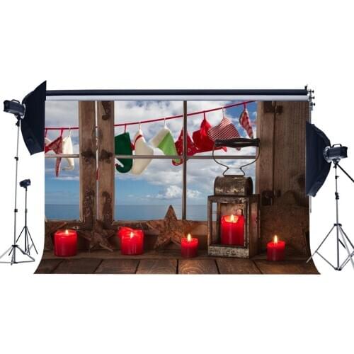 Photography Backdrop Christmas Stocking Wood Star Vintage Window Lantern Candles Xmas Backdrops Happy New Year Background
