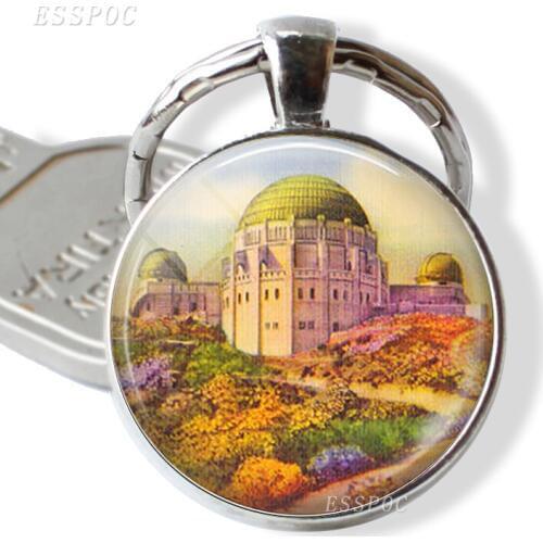 Griffith Park Planetarium Key Chain Glass Cabochon Literary Pendant Vintage Los Angeles Key Ring
