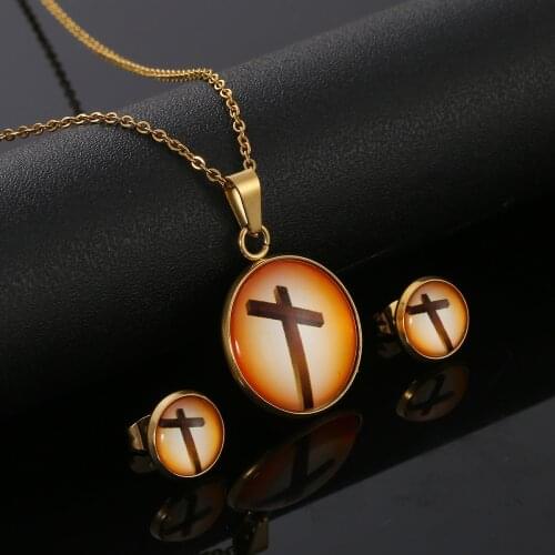 Stainless Steel Christian Jesus Cross Necklace Earrings Gold Color Prayer Cross Men Jewelry Set