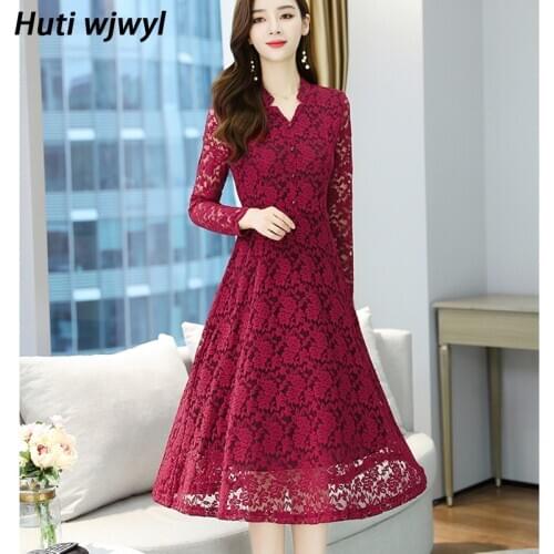 2021 Autumn Winter Plus Size Vintage Lace Midi Dresses Women Elegant Bodycon Black Maxi Dress Party Long Sleeve Runway Vestidos