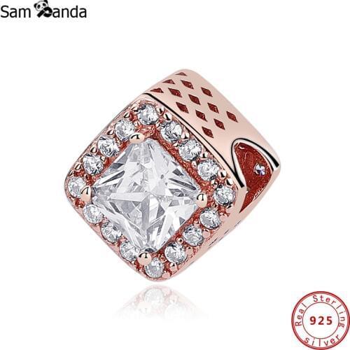 925 Sterling Silver Charms Original Crystal Rose Gold Color Beads Fit Bracelet Geometric Radiance Charm DIY Jewelry