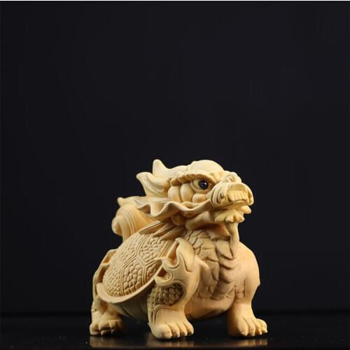 Boxwood 7CM Dragon Turtle Solid Wood Carving Feng Shui Animal Wood Statue Chinese Dragon Sculpture Home Decor