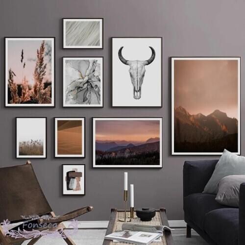 Warm Tone Landscape Canvas Painting Abstract Mountain Forest Plant Bull Skull Poster Wall Art Pictures for Room Decoration