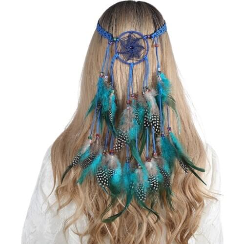 Haimeikang Bohemian Feather Dream Catcher Hair Bands For Women Elastic National Style Headband Peacock Hippie Hair Accessories