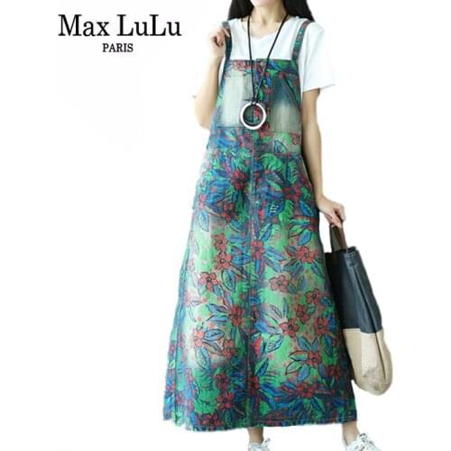 Max LuLu Womens Printed Bohemian Style Dresses 2021 Autumn British Design Loose Elegant Denim Vestidos Casual Elastic Overalls