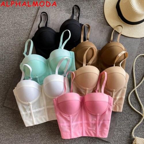 ALPHALMODA New Candy Color Women Crop Bra Top Sexy Gathered Bustier Ladies Fixing Shape Fishbone Bra Cup
