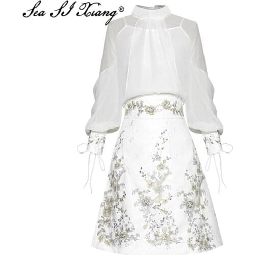 Seasixiang Fashion Designer Spring Set Womens Lantern Sleeve Embroidery Stand Collar Shirt Tops + Sequined Skirt Two-Piece Set