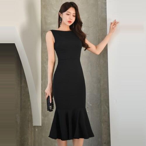Korean Black Summer Mermaid Dress Women Sleeveless Casual Vintage Office Lady Long Midi Dress Elegant High Waist Sheath C014