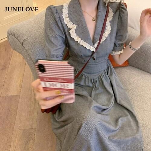 Women Dress 2021 Summer Korean Chic Female Elegant Temperament Lapel Single-Breasted Puff Sleeve Casual Slim Party Dress Vestido