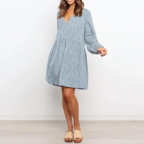 2021 European American Autumn New Style V-neck Long-sleeved Loose Pleated Printed Dress Women Fashion Temperament Simplicity