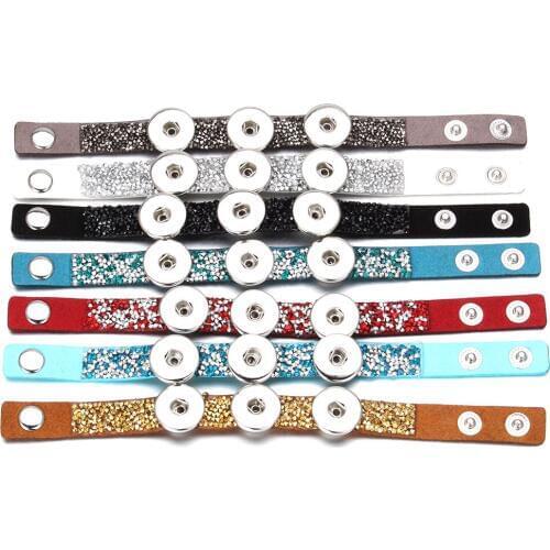 10pcs/lot Mixed New 18mm Snap Jewelry Rhinestone Velvet Leather Snap Bracelet Three Buttons Fit Snap Button Bracelet Bangles