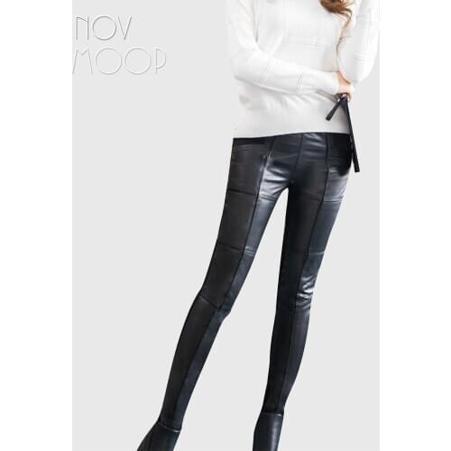 Black genuine leather pants plus size lambskin spliced pencil pants trousers harem pants pantalon femme pantalones mujer LT035